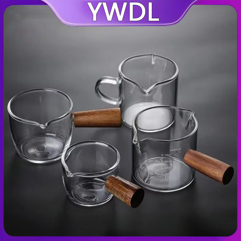 Barista Milk Jug - 50-250ml Wood Handle Glass Espresso Measuring